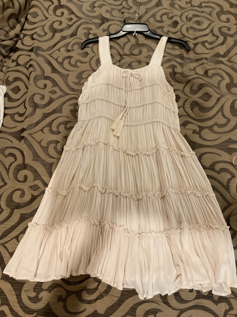 Chesley and Violet Cream Tiered Fringe Mini Dress with Adjustable Tie